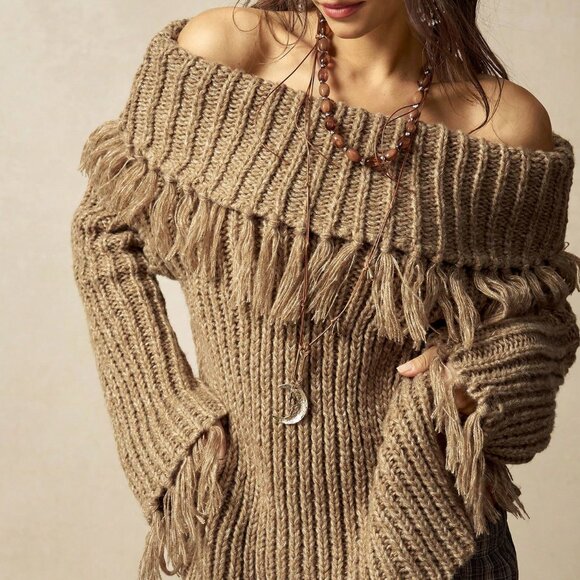 Khaki Casual Women's Off Shoulder Fringe Knit Sweater - Picture 5 of 9